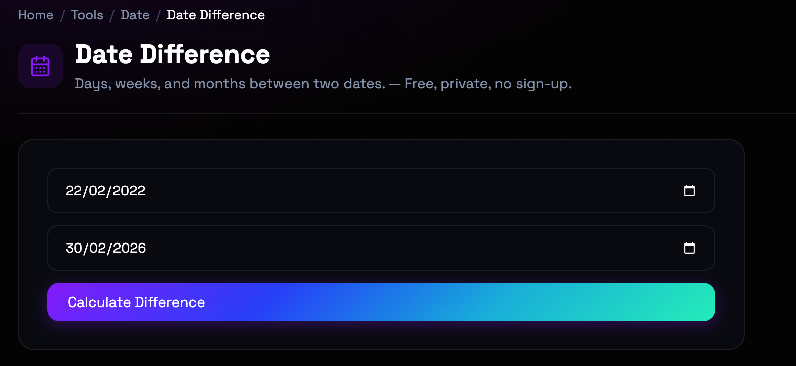 How to use Date Difference online — free, fast, and private